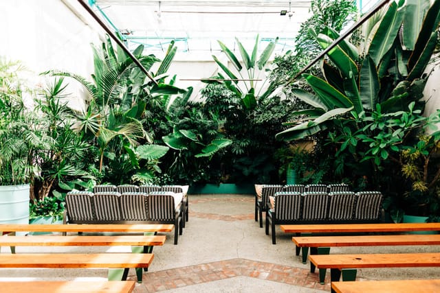 "Valentine DTLA event space with lush greenery for workshops and networking."