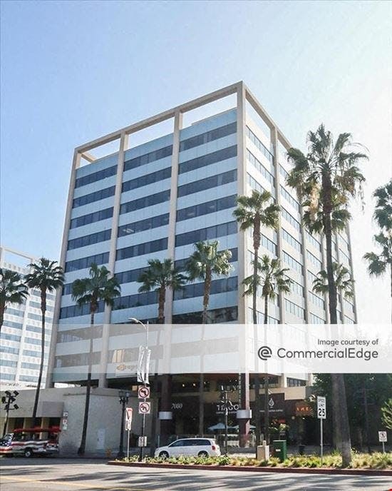 Modern office building with palm trees, ideal for corporate meetings and events.