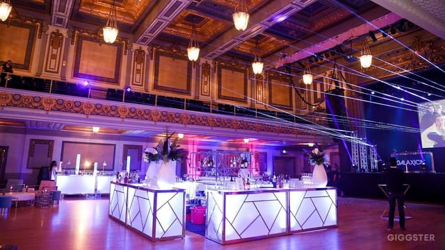 Elegant Regency Ballroom venue with modern decor, ideal for upscale events and gatherings.