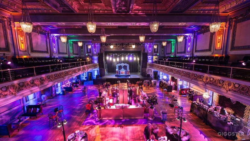 Elegant Regency Ballroom venue with vibrant lighting for galas and corporate events.