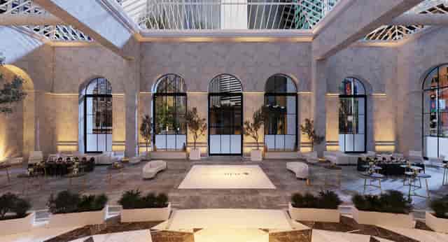 Glass Atrium at One Sansome: elegant event space with high ceilings for corporate gatherings.