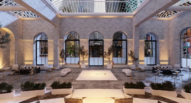 Glass Atrium at One Sansome: elegant event space with high ceilings for corporate gatherings.
