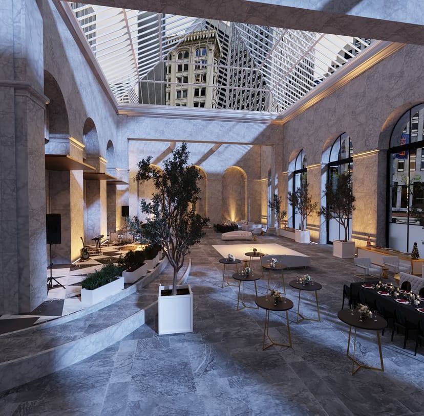 Elegant event space with high ceilings, perfect for corporate events and social gatherings.