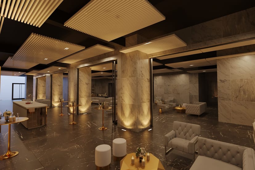 Elegant marble lobby at One Sansome, perfect for networking events and gatherings.