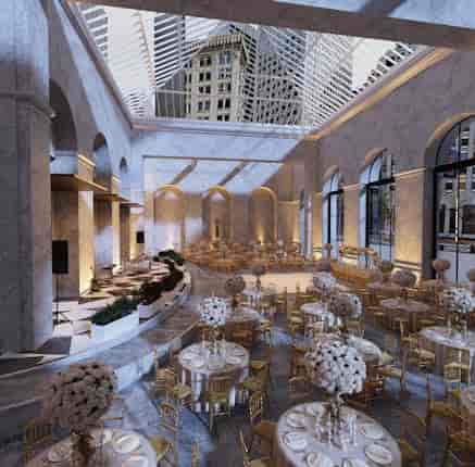 Elegant event space with floral centerpieces, ideal for weddings and corporate functions.
