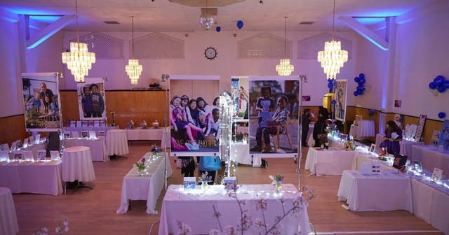 Elegant banquet hall with ambient lighting, perfect for networking events and showcases.