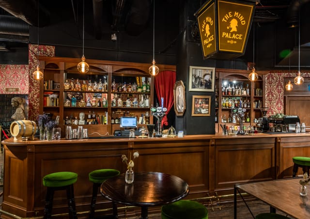 Stylish bar in The Mind Palace, perfect for intimate gatherings and networking events.
