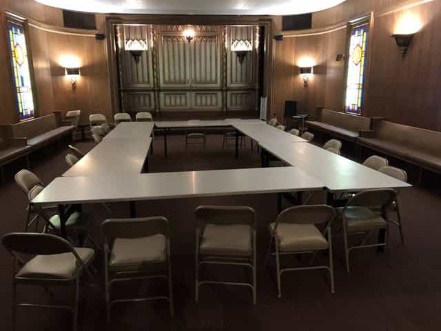 Chapel in Congregation Sherith Israel, U-shaped seating for workshops and meetings.