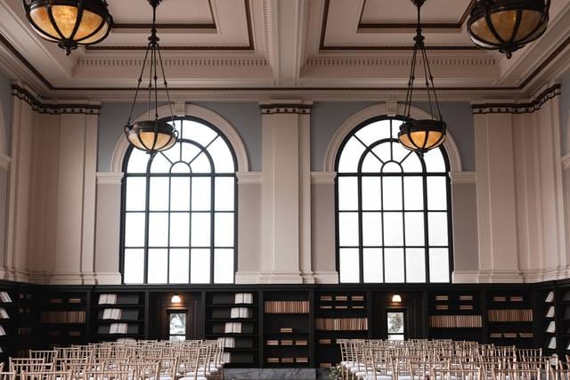 Elegant event space in Webster Hall, San Francisco with chandeliers and natural light.