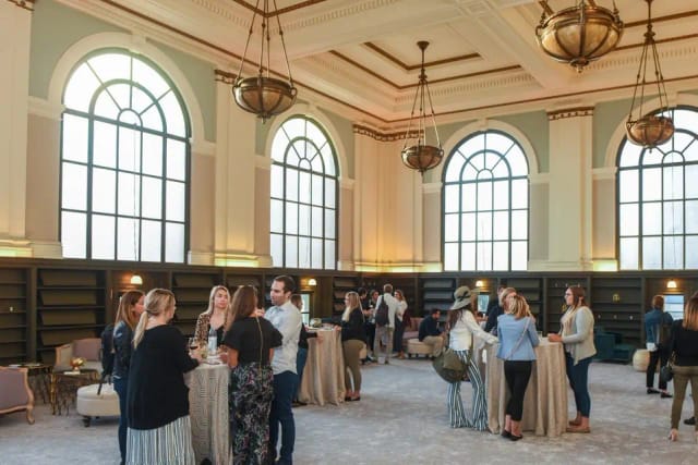 Stylish event space in Webster Hall, San Francisco with high ceilings for networking events.