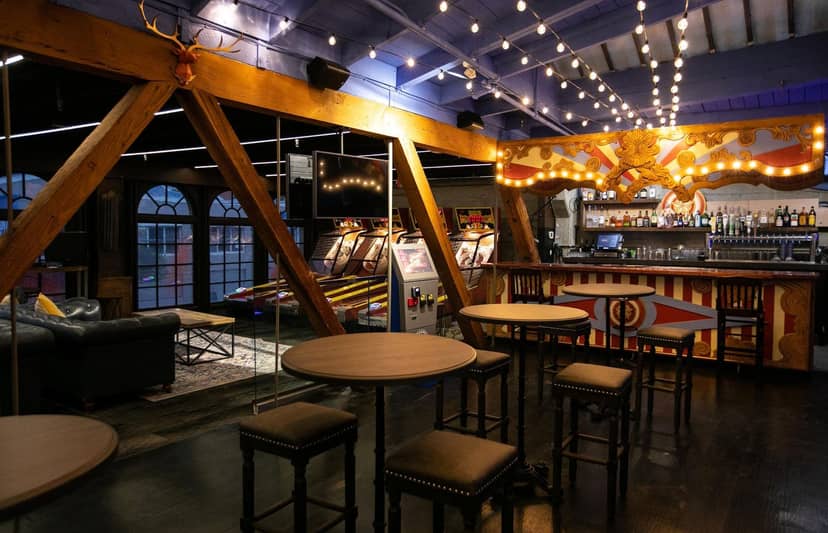 Stylish event space with vibrant bar at Italian America Social Club for gatherings.