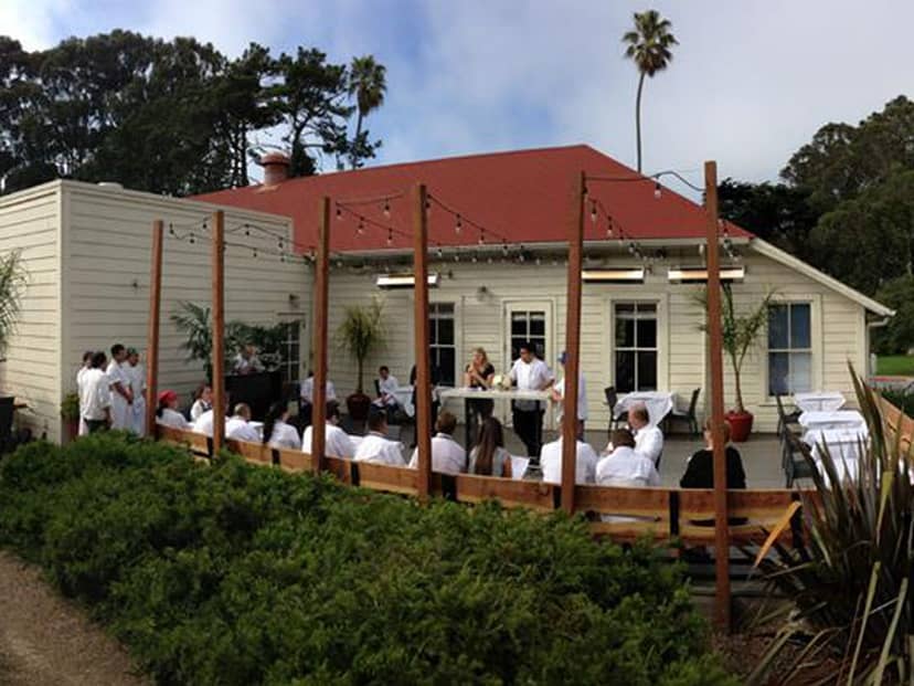Outdoor event space at Presidio Social Club with stylish patio seating for corporate gatherings.