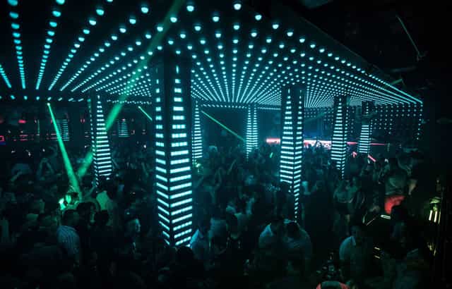 "Temple Nightclub with vibrant LED lighting, ideal for parties and corporate events."