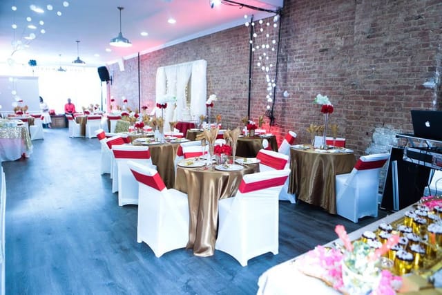 Elegant event space in Brooklyn with gold accents, perfect for celebrations and gatherings.