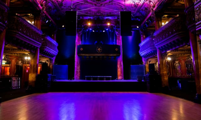 Great American Music Hall concert venue with ornate architecture and vibrant purple lighting.