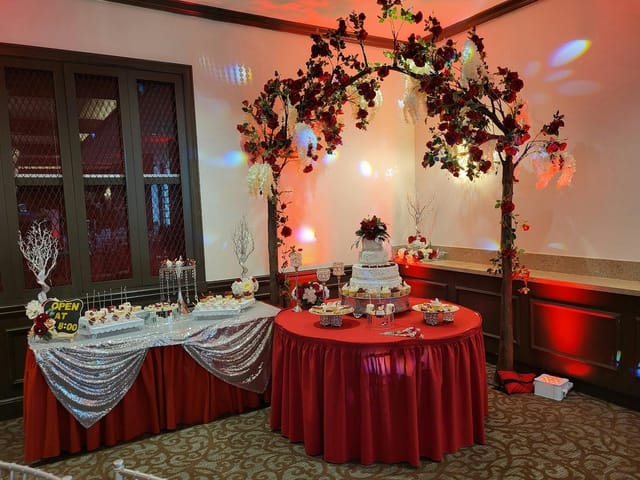 Elegant dessert table in Main Room, Albert H. DeWitt Officers' Club for weddings and events.