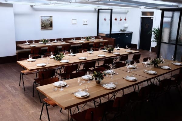 Elegant dining setup in Californian restaurant for events and gatherings.