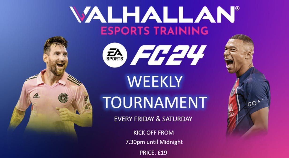 Valhallan esports tournament flyer with vibrant visuals and event details.