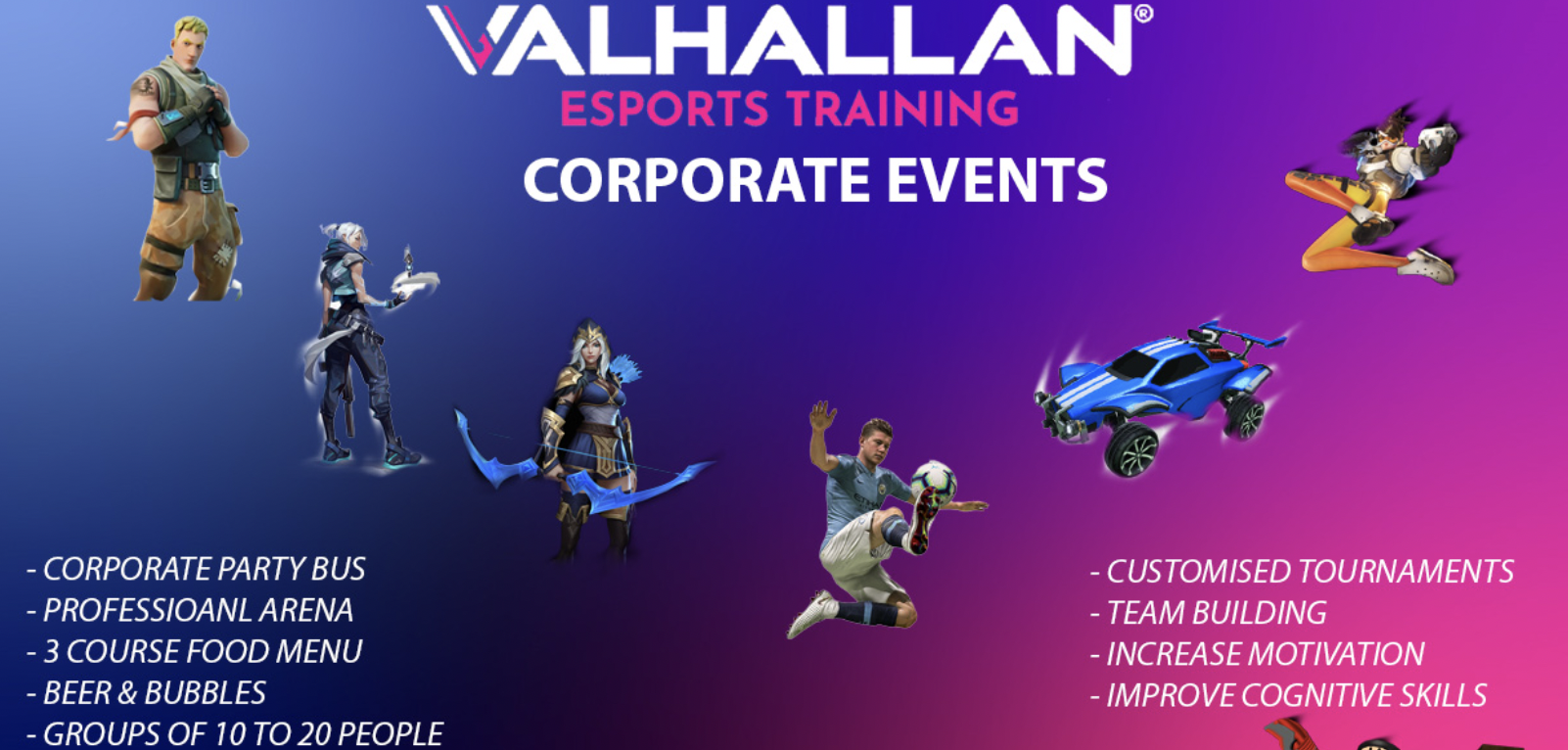 Valhallan Esports Training corporate event with party bus and team-building activities. - Banner