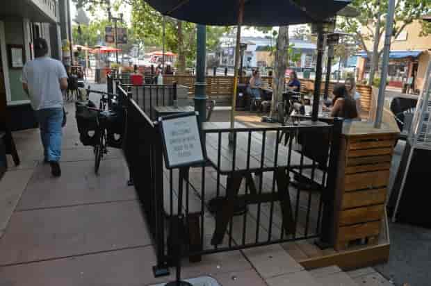 Outdoor parklet at Marzano Restaurant, ideal for casual meetings and networking events.