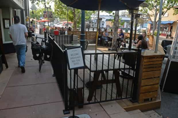 Outdoor parklet at Marzano Restaurant, ideal for casual meetings and networking events.