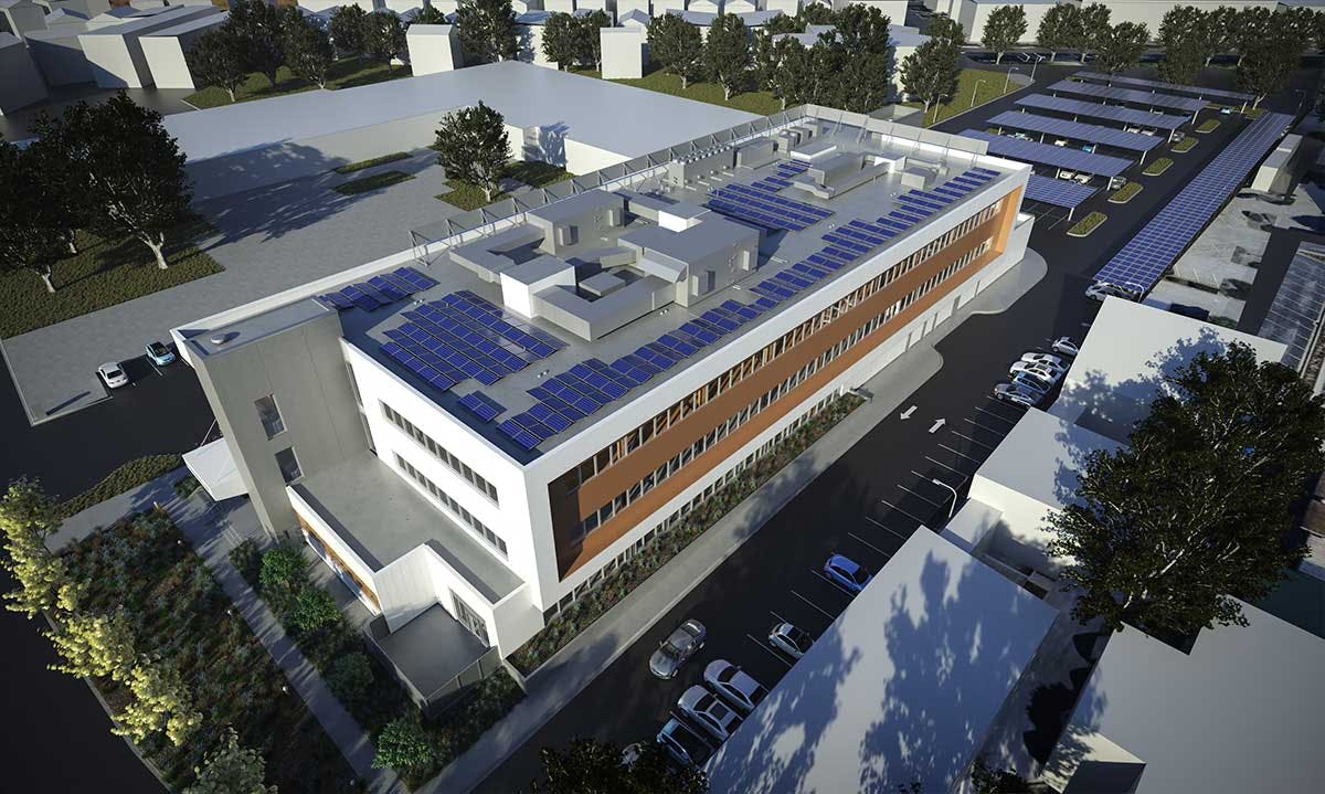 Modern wellness center with solar panels, ideal for sustainable events and corporate gatherings.