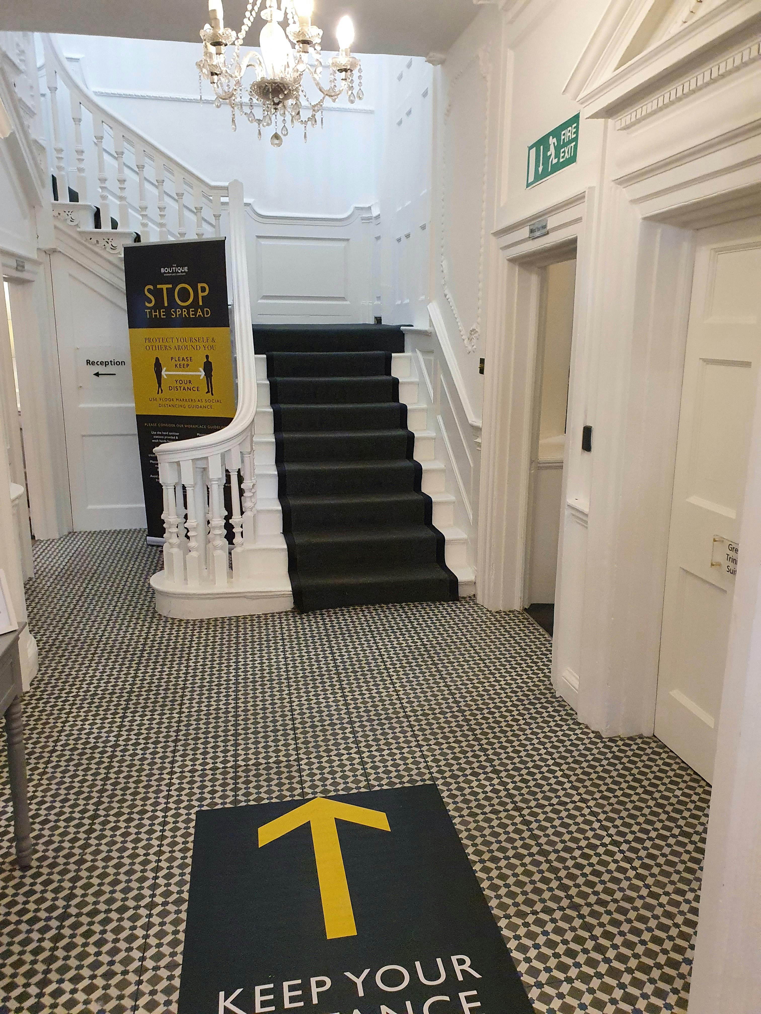 Elegant staircase entrance in The Pilgrim Suite, perfect for formal events and gatherings.