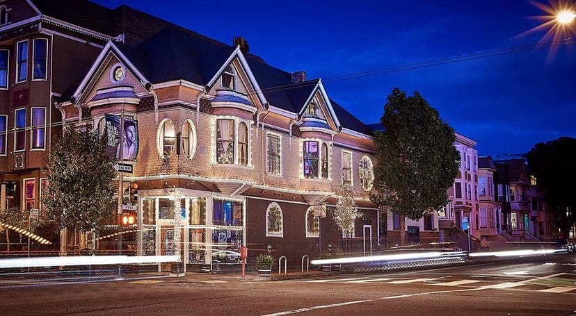 Charming Madrone Art Bar lounge with historic facade, perfect for events and gatherings.
