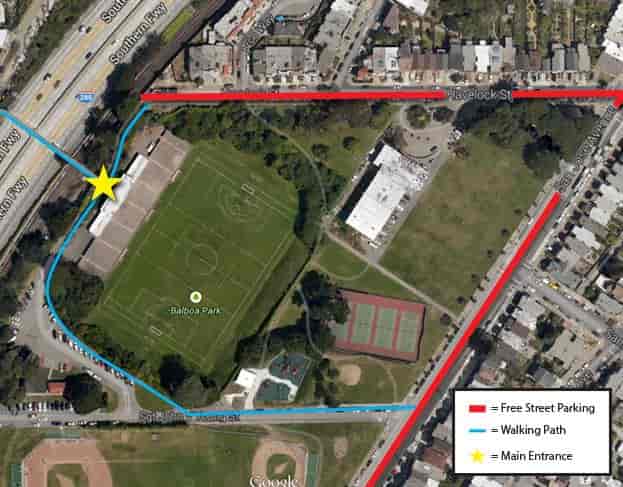Boxer Stadium layout with parking and paths for efficient event planning in Balboa Park.