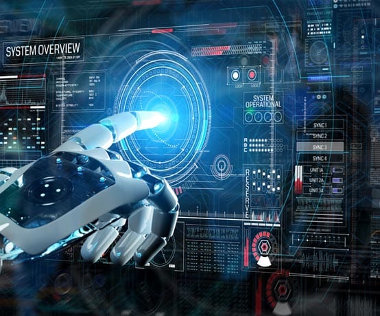 Futuristic robotic hand using digital control panel for immersive event technology.
