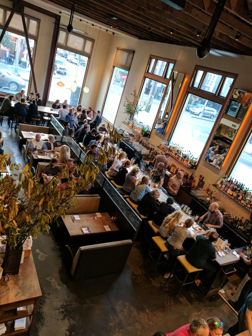 Bustling Nopa restaurant with communal seating, ideal for networking and casual meetings.
