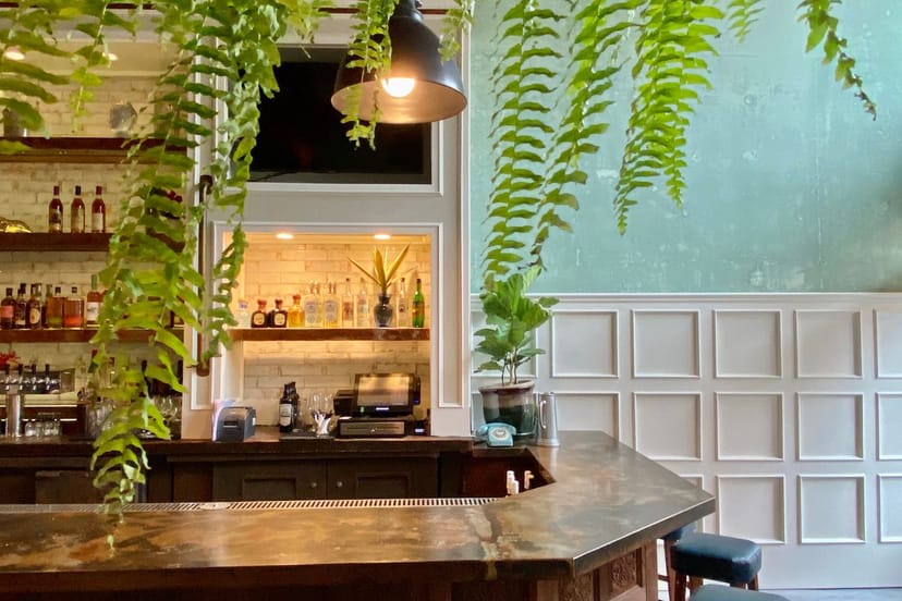 Stylish bar area with lush greenery, perfect for networking events and cocktail receptions.