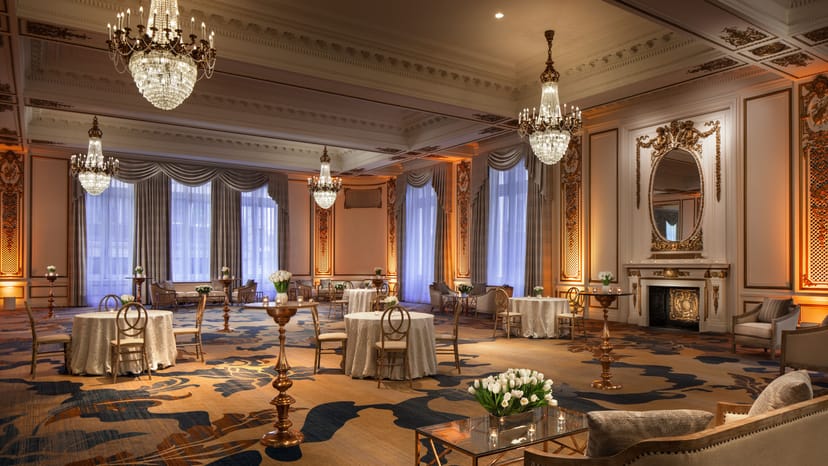 Elegant wedding venue with chandeliers at Palace Hotel, San Francisco.