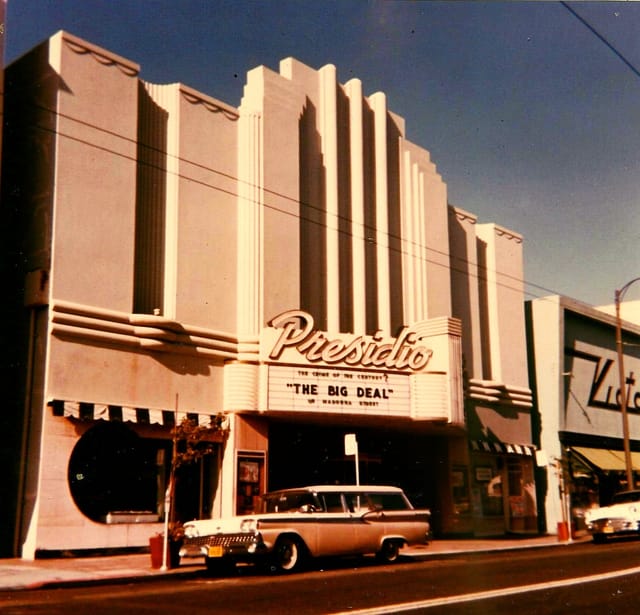 Vintage Presidio Theatre with art deco facade, perfect for film screenings and events.