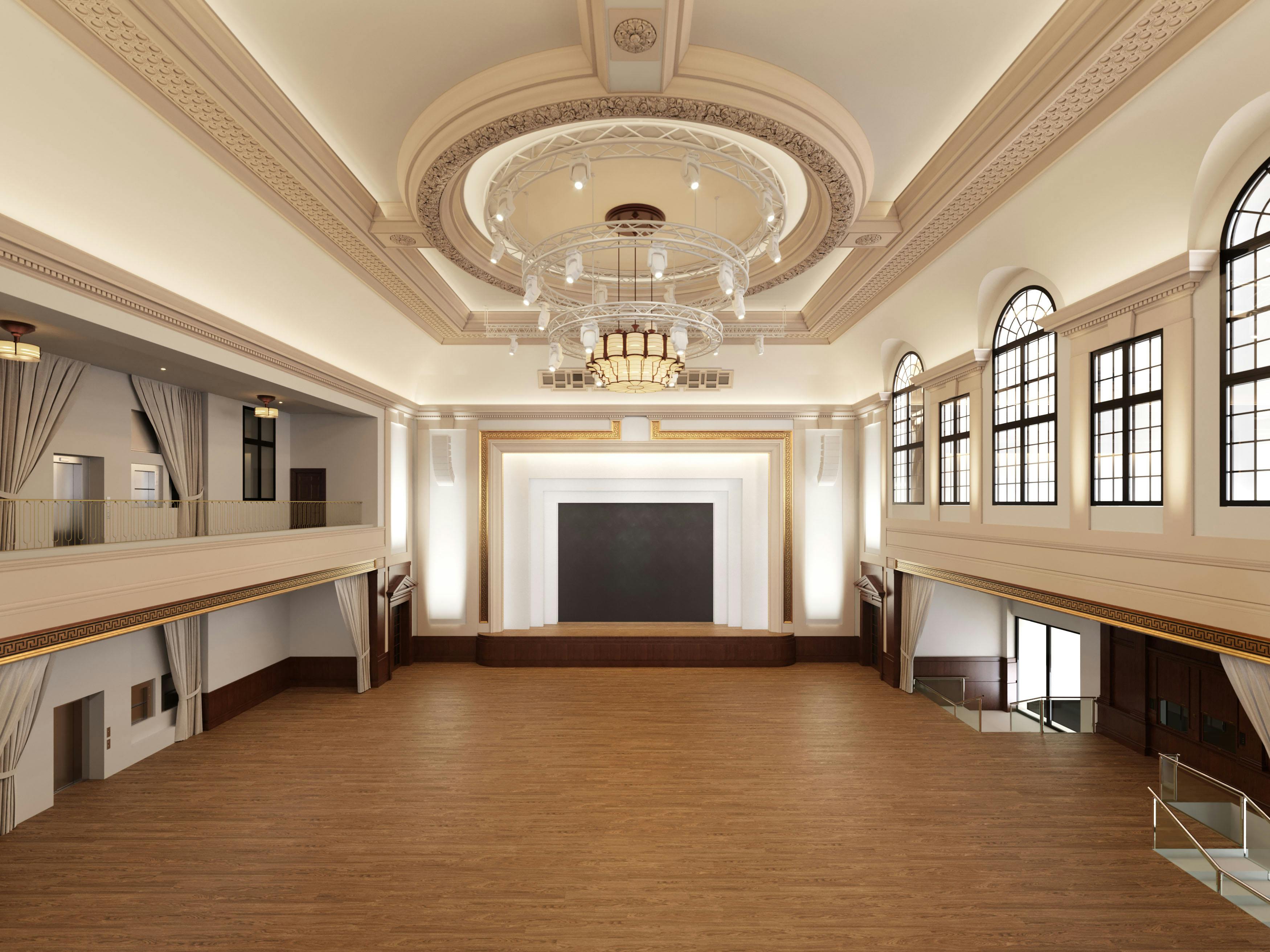 Elegant event venue with high ceilings, ideal for conferences and weddings.