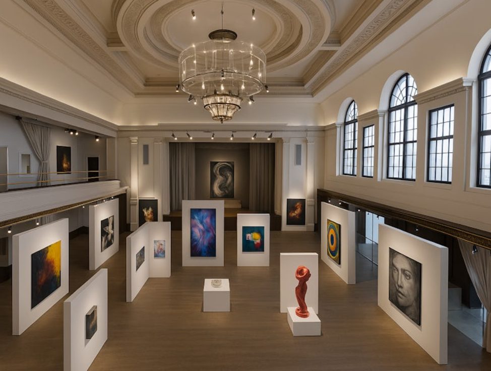 Sophisticated gallery venue with high ceilings for art exhibitions or corporate events.