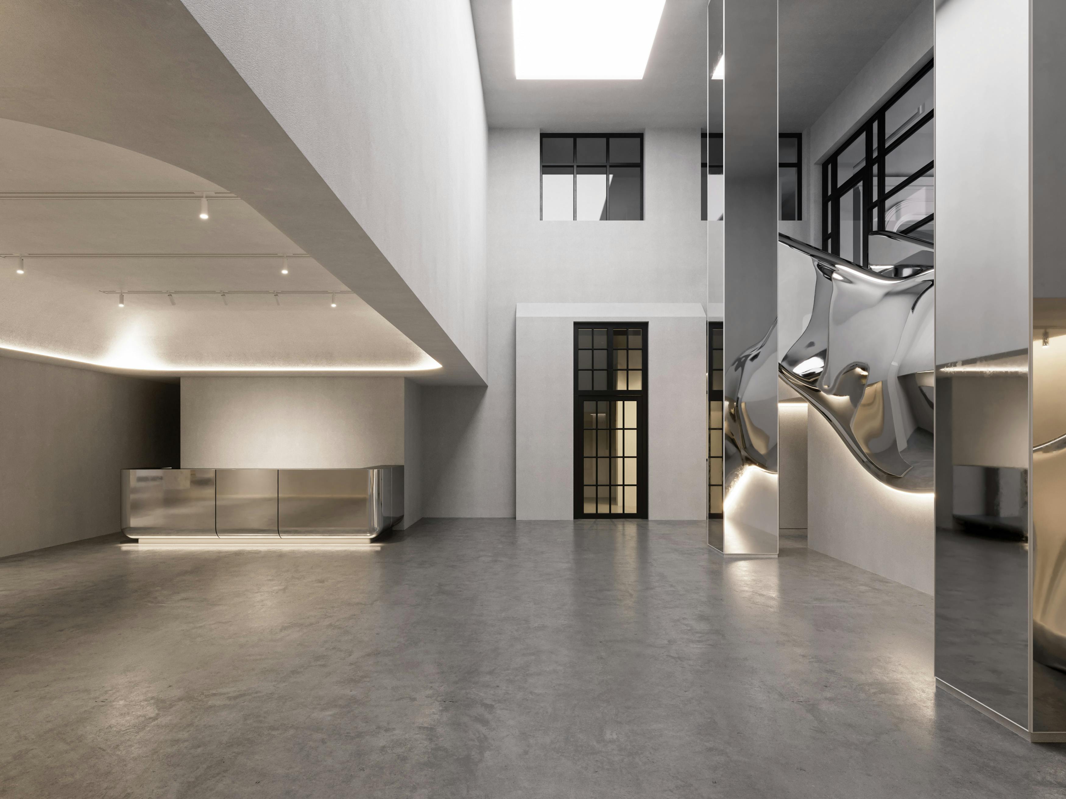 Modern minimalist event space with sleek lines, ideal for corporate meetings and product launches.