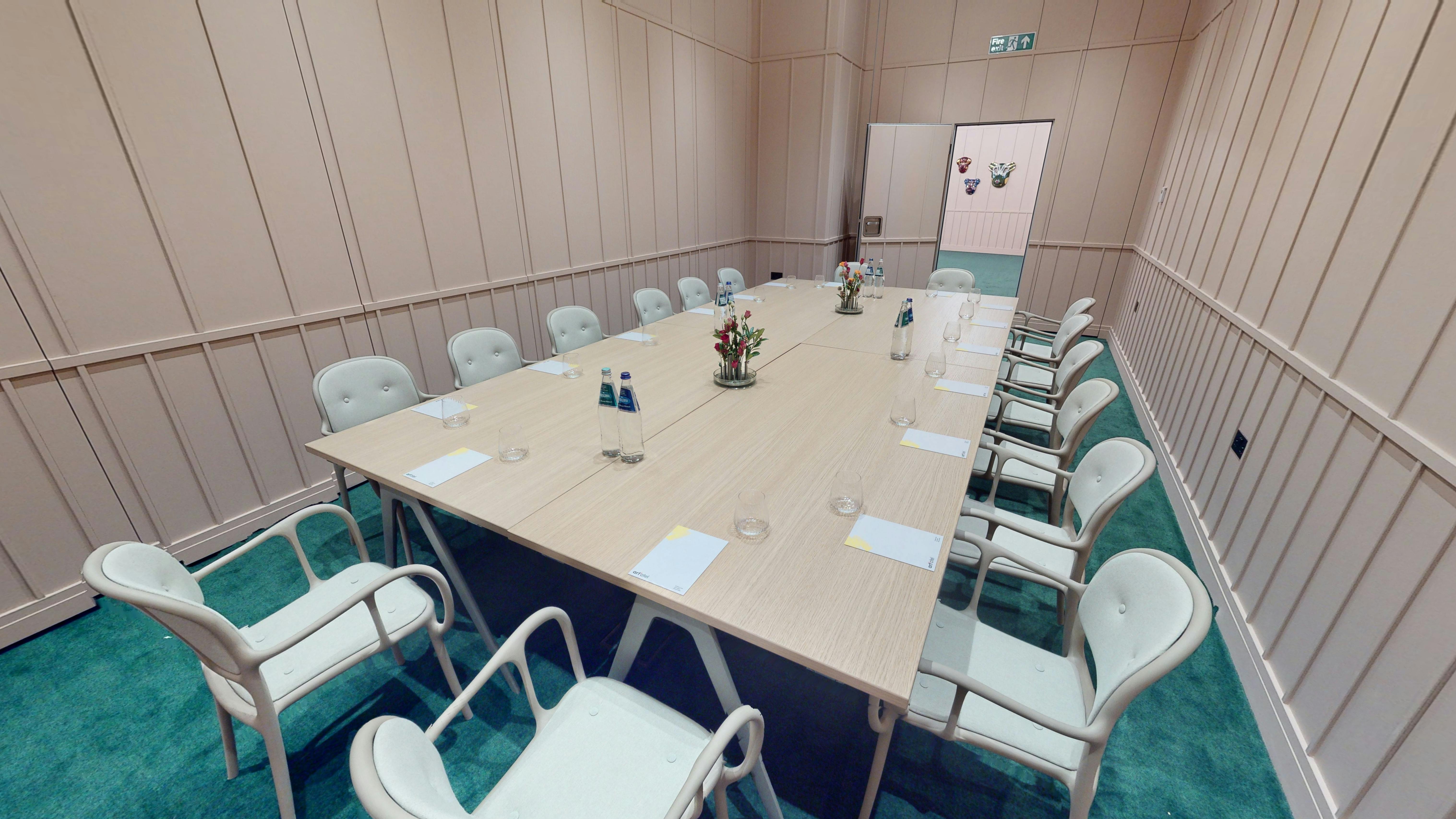 Creative Room 3 at art'otel London, featuring a long table for meetings and workshops.