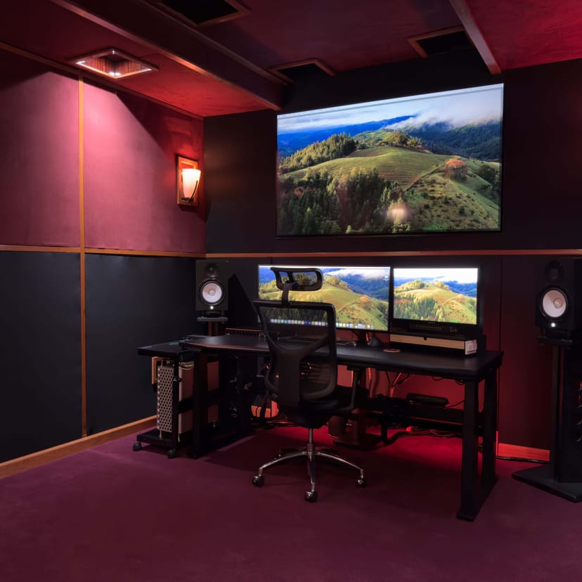 Modern audio-visual control room with dual monitors for hybrid events and meetings.