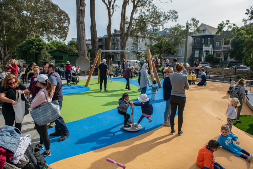 Vibrant community gathering at Folsom Street Playground, ideal for family-friendly events.