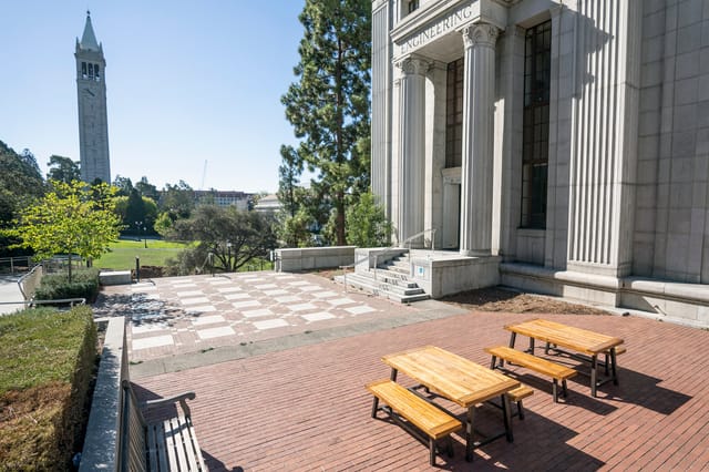 Banatao Room outdoor event space with picnic tables and clock tower backdrop in Berkeley.