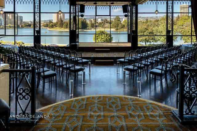 Elegant event space with scenic backdrop, perfect for weddings and conferences.