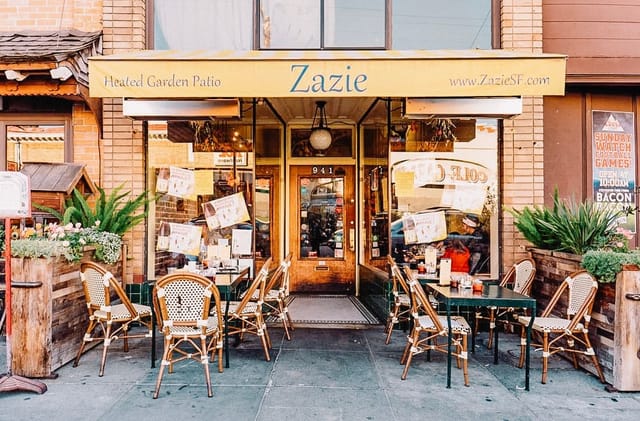 Heated garden patio at Zazie, perfect for brunch gatherings and casual events.