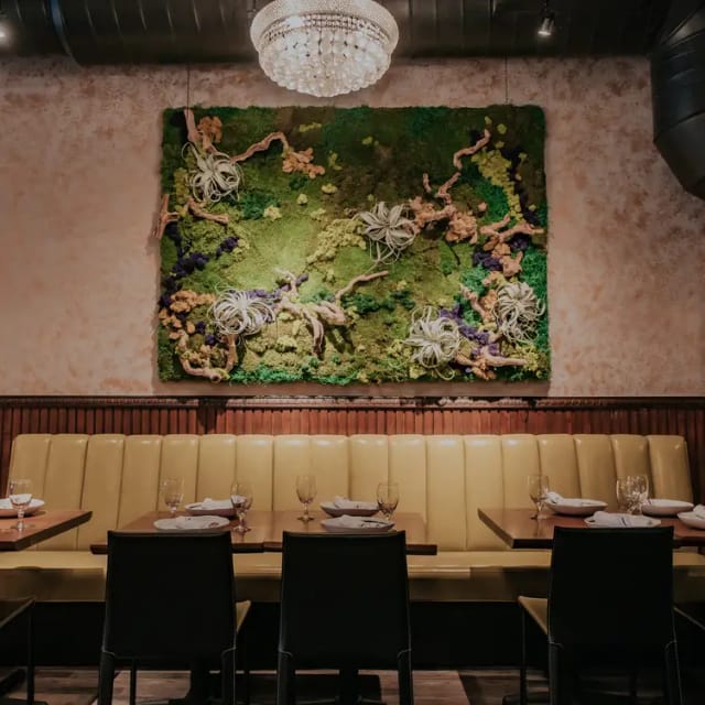 Stylish Castro Indian Restaurant with vibrant moss wall art, ideal for events and gatherings.