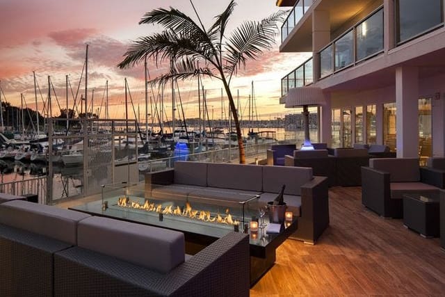 Del Rey Lounge outdoor seating with fire feature, perfect for cocktail receptions at sunset.