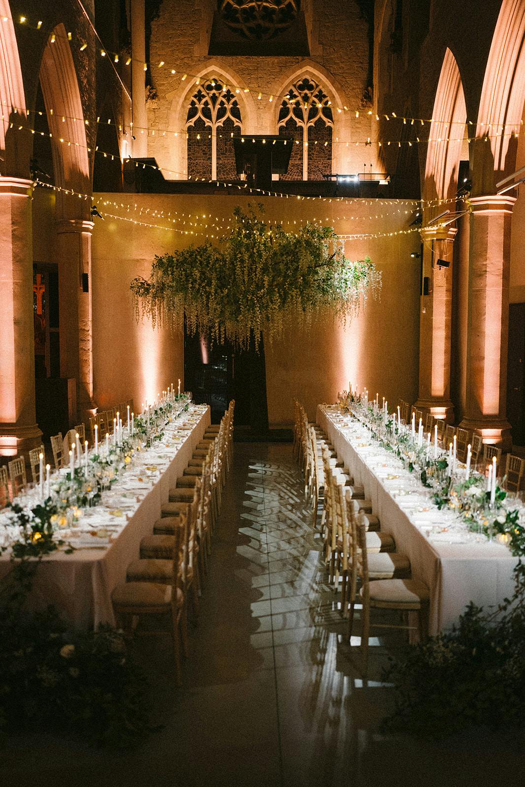 Elegant banquet setting in Garden Museum's Nave, perfect for weddings and galas.