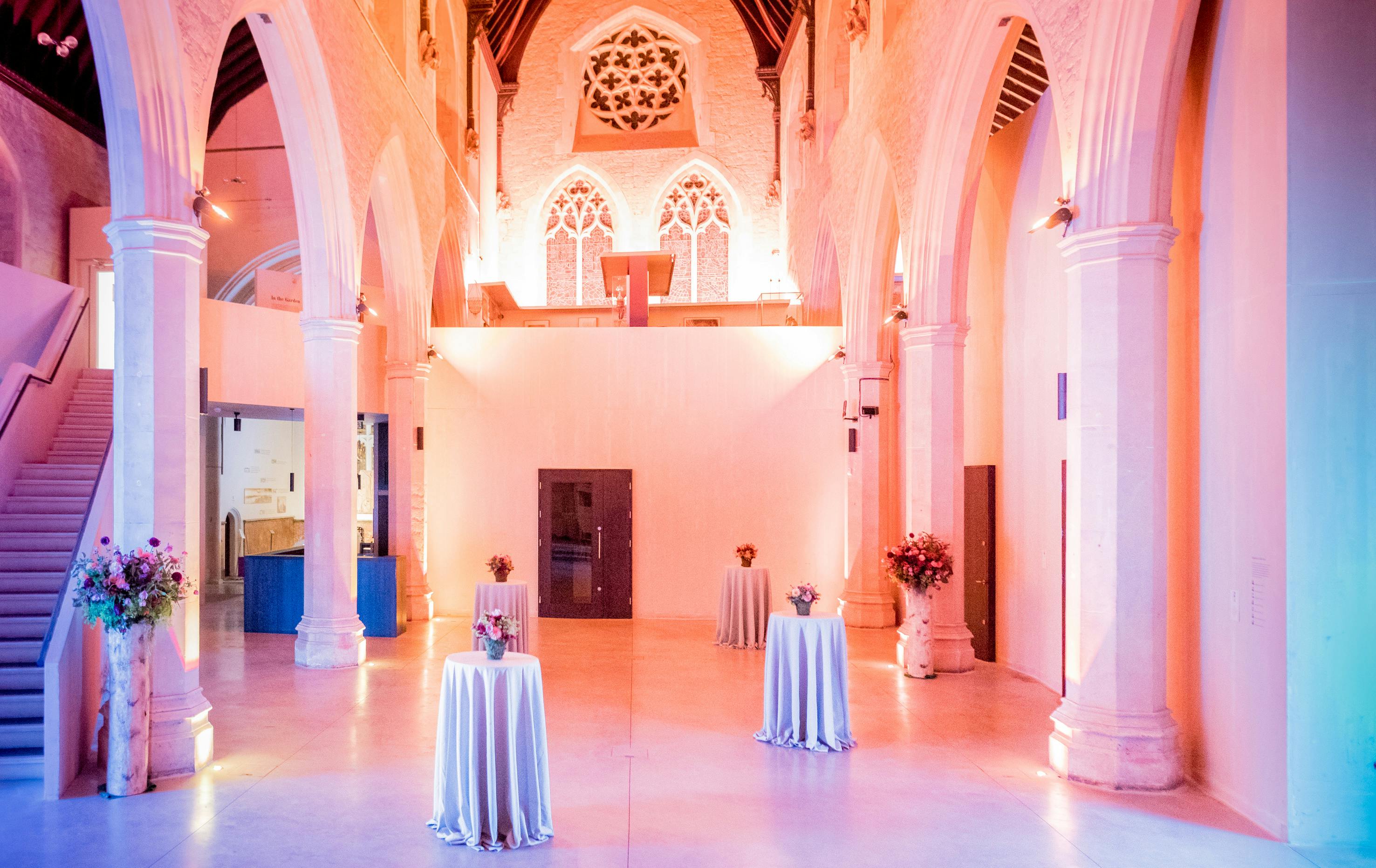 Elegant event space in Garden Museum with high ceilings, ideal for upscale gatherings.