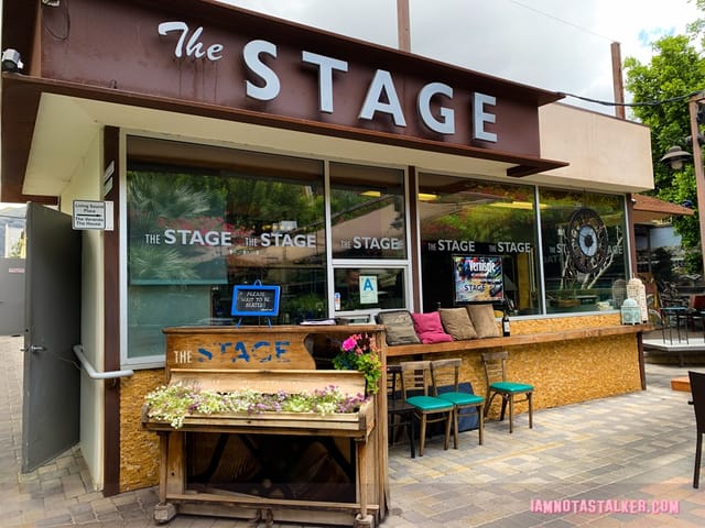 Vibrant outdoor seating at The STAGE California Fusion Restaurant for events and gatherings.