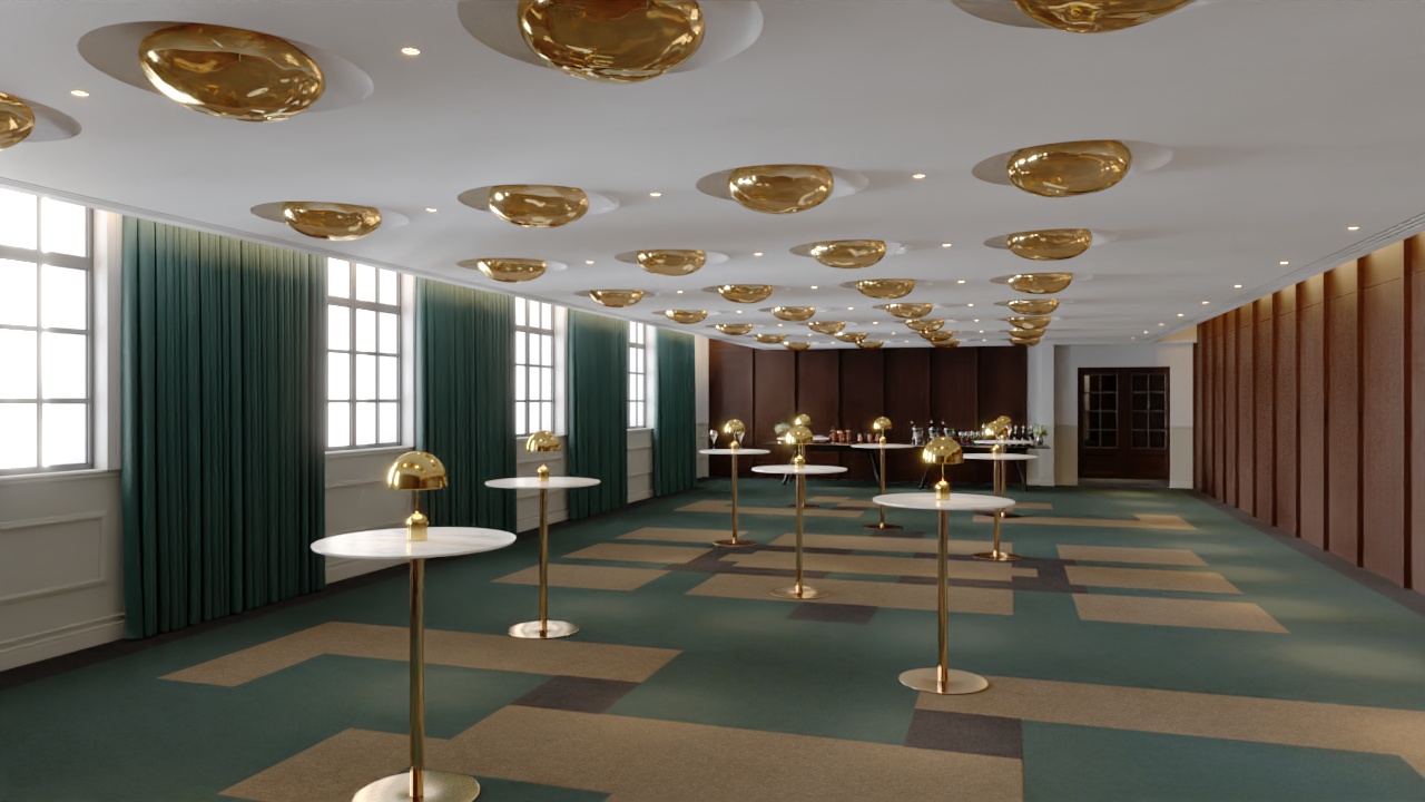 Stylish event space with modern decor, ideal for networking events and receptions.