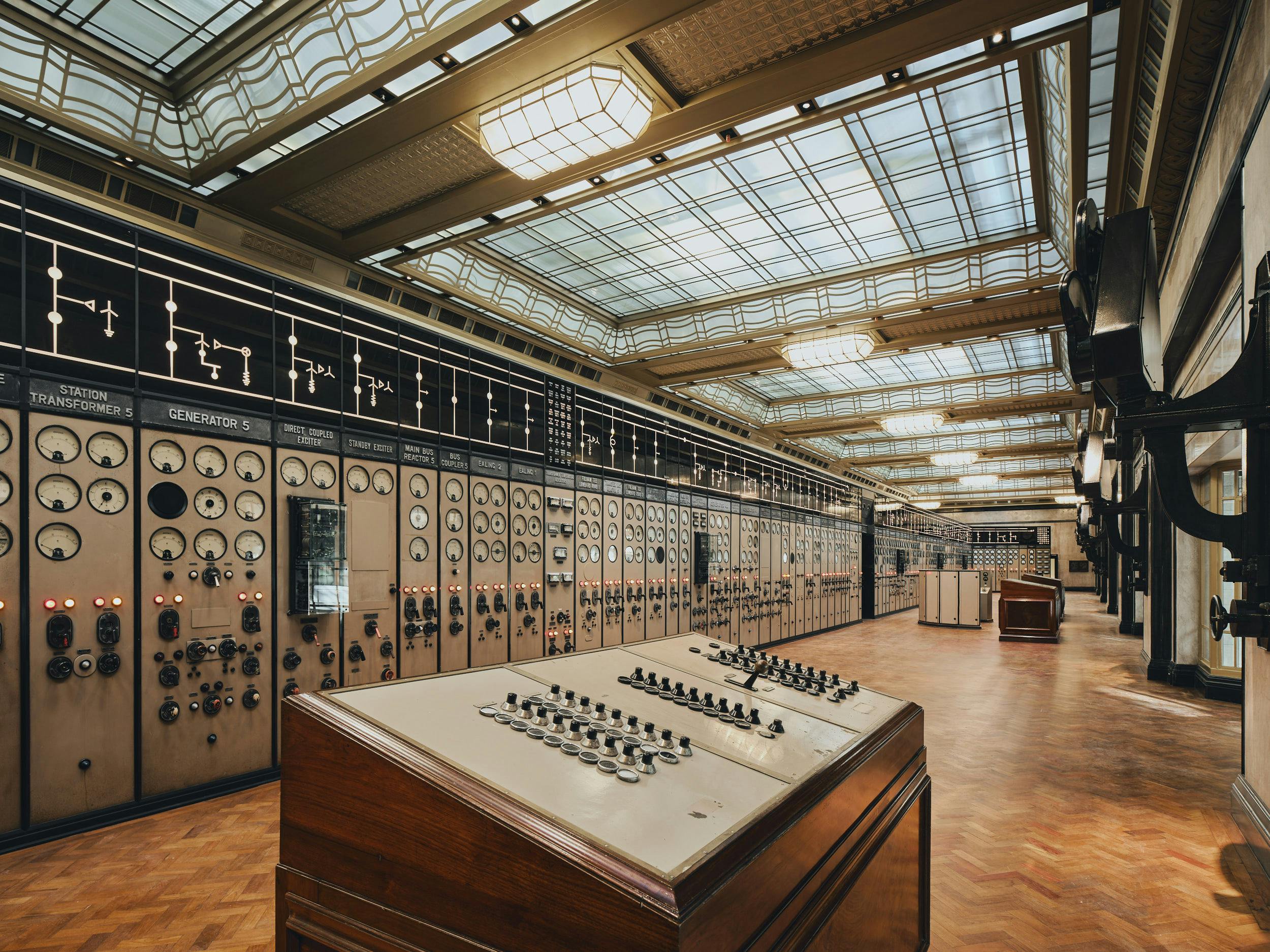Historic Battersea Power Station Control Room A with vintage panels, ideal for corporate events.